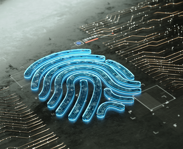 Blue glowing fingerprint on a circuit board