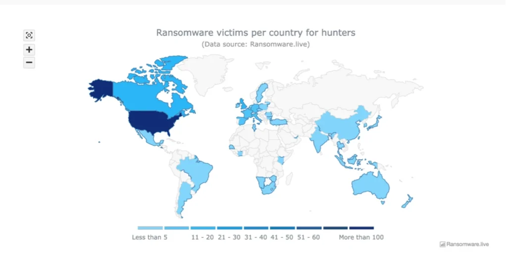 Hunters International Ransomware victims by country